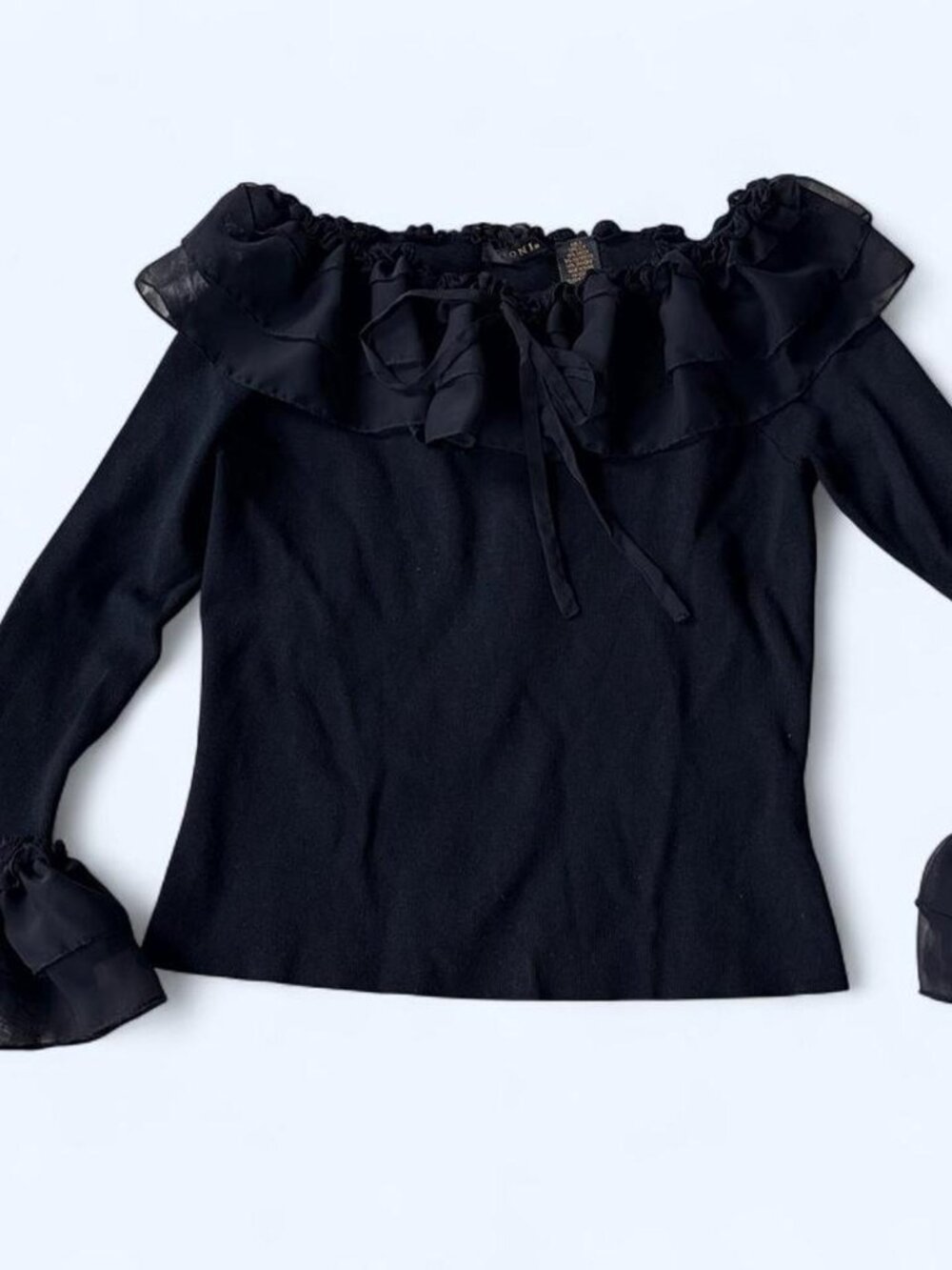 Vintage Sioni Black Ruffle Off Shoulder Bell Sleeve Knit Top Size S